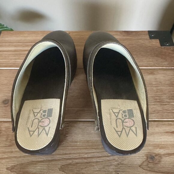 Maguba Stockholm Olive Green Genuine Leather Dark Wood Heeled Mule Clog Size 6 - Picture 9 of 15